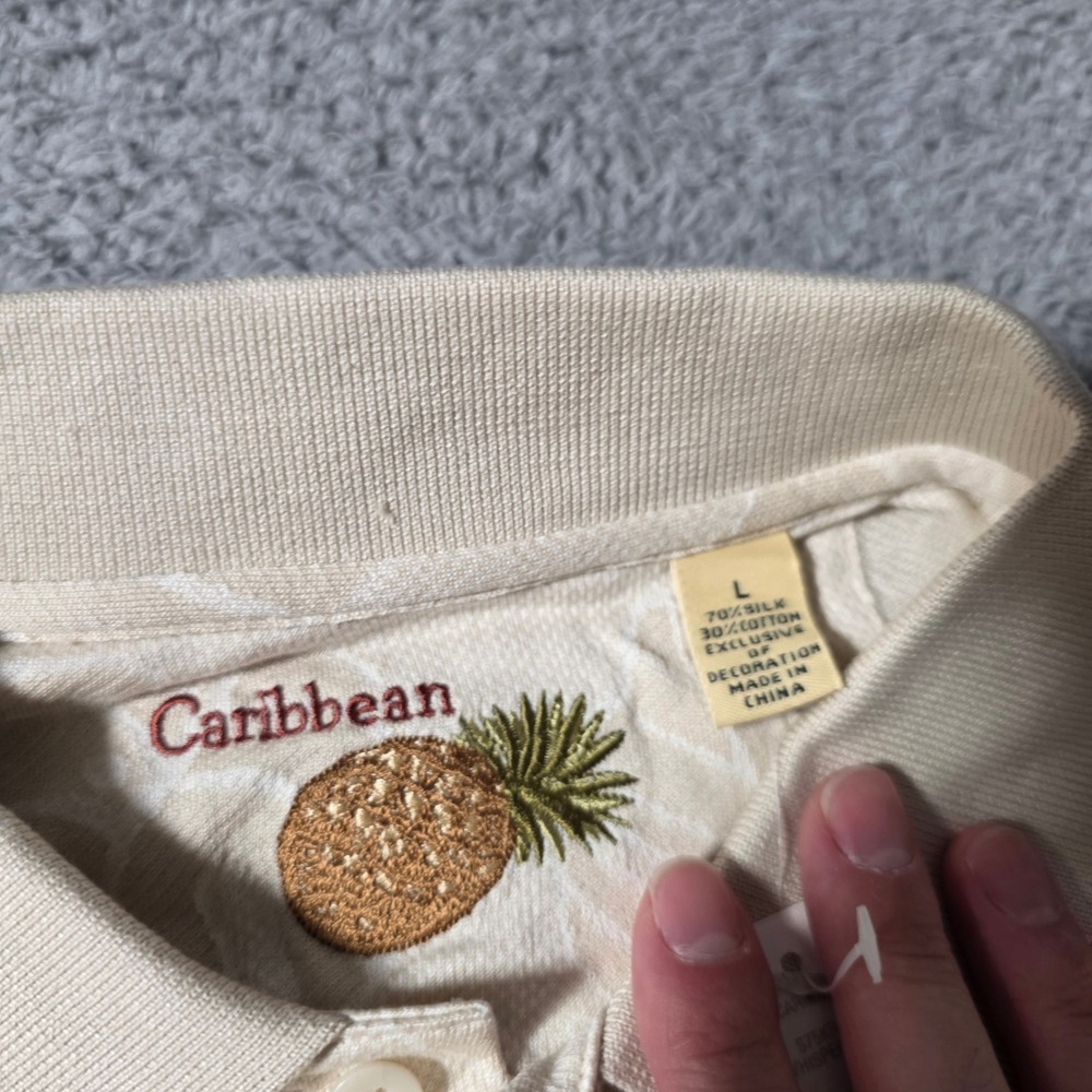 Caribbean Mens L Polo Shirt Cream Silk Cotton Monstera Leaf Jacquard Resort S750 - Picture 3 of 6